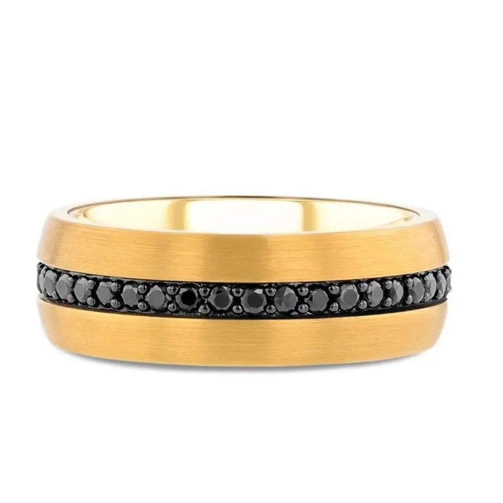 Thursten Men’s Wedding Band Auryn Gold Plated Tungsten with Black Sapphires 8mm